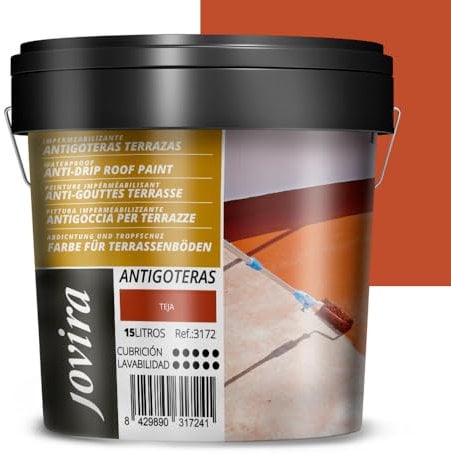 JOVIRA PINTURAS Impermeabilizante Antigoteras, Terraza Antigoteras Caucho Elástica, pintura de terrazas, evita filtraciones en todo tipo de cubiertas y terrazas. (15 Litros, Teja) A-44B