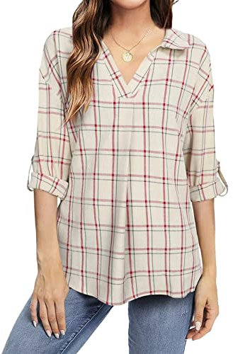 Onsoyours Chemisiers Femme Chemise à Carreaux Col V Manches 3/4 Chemise Blouse Décontractée Tunique Shirt Élégant A Beige XS