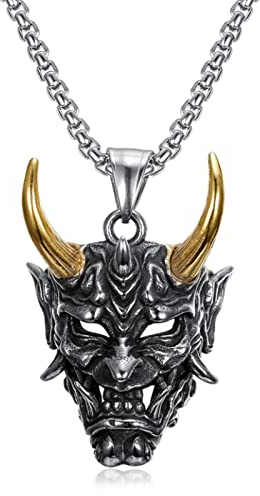 Gloryit Schmuck Teufel Maske,Maske Anhänger Halskette,Totenkopf Schädel Modeschmuck, Gotik Schädel Anhänger für Herren,Charm Kette Schmuck,Halloween Maskerade Party Terror Masken Halsketten(Gold,60cm)