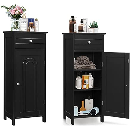 GIANTEX Badezimmerschrank Badschrank mit Schublade & 3 Einlegeböden, Bodenschrank Toilettenschrank kompakt und platzsparend, Standschrank Midischrank bodenstehend, Badkommode 35,5x30,5x88 cm (Schwarz)