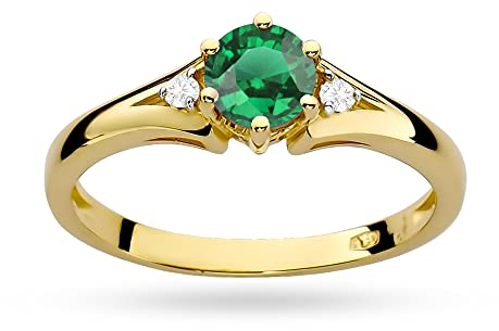 MARKO Verlobungsring 14 Karat 585 aus Gold, verziert mit Smaragd 0,50 Ct und 0,03 Ct Diamanten | Goldring mit Box | Goldring für Frauen (Smaragd, 57 (18.2))
