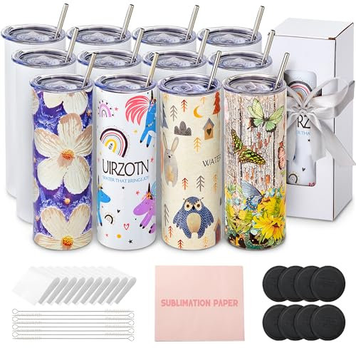 UIRZOTN 12 Pack 20oz Sublimation Tumbler Skinny Straight Bulk, Stainless Steel Double-Walled Insulated Sublimation Tumbler Blank for Heat Transfer, Gift box