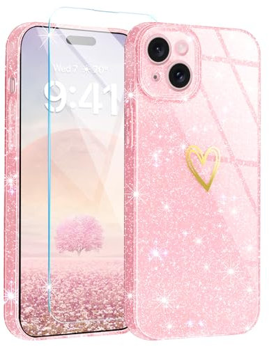 Fingic for iPhone 15 Plus Case[with 1x 9H Tempered Glass Screen Protector]Clear Glitter Cute for Women Girl Slim Phone Case Shockproof Bumper Protective Antiscratch Soft Silicone Thin Cover(Rose Gold)