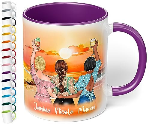 Keramik-Tasse für beste Freundinnen „Drei Freundinnen am Strand“ – 330ml Kaffeetasse personalisiert mit Namen & Aussehen - BFF best friends - Geschenke Geburtstag Weihnachten (Violett)