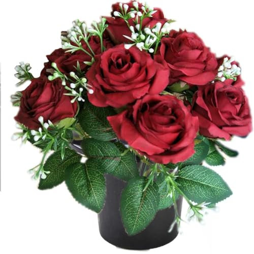 ALNIYATX Lot de 12 roses artificielles en pot pour tombe - Idéales pour cimetière et décorations funéraires - Rouge