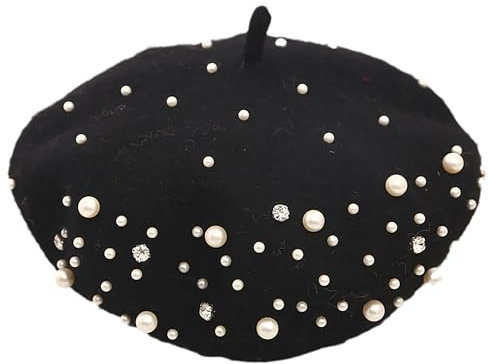 Eohak Damen-Baskenmütze, Perlenwolle, warme Baskenmütze, Perlen-Perlen-Strass-Mütze, lässiger, vielseitiger Hut (Schwarz-Stil 1)