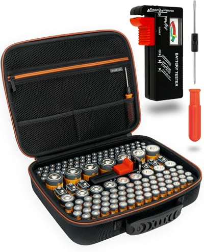 AKIELO+ Boîte Rangement Piles (Édition Max - Contient 150+) avec Testeur de Piles Universel - Organisation Efficace pour Plus de 150+ Piles AA, AAA, C, D, 9V (Non Incluses)