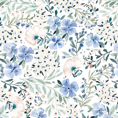 Reqfen Self Adhesive Wallpaper Floral Wallpaper 41CMx3M Peel and Stick Wallpaper Blue Flower and Leaf Wallpaper Waterproof Vinyl Film Contact Paper for Living Room Bedroom Bathroom Wall Cabinet Shelf