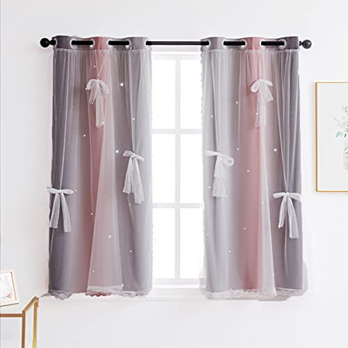 Yancorp Vorhänge für Mädchenzimmer, Kinderzimmer, ausgehöhlter Sternenvorhang, 160 cm Länge, Raumverdunkelung, Ösen, 2 Schichten (Rosa-Grau, B 34 x L 42)