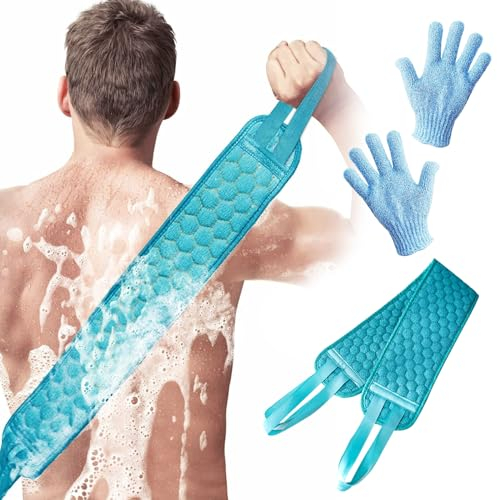 1 Pcs RüCkenbüRste,Wird mit 1 Peeling-Handschuh Geliefert,RüCkenschrubber,RüCkenbüRste Dusche,75 cm Lang mit 2 Henkeln,Wird zur Entfernung Abgestorbener Haut Verwendet RüCkenwaschbüRste(Blau)
