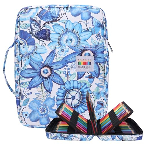 OVAKIA Große Kapazität Federmäppchen für 220 Bleistift wasserdichte Federtaschen Buntstifte Beutel Stiftemappe für Schule Büro Mädchen Jungen Einschulung Schulanfang (Blue Flower)