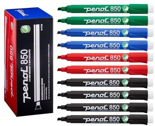PENOL Whiteboard Marker, 10 Whiteboard Stifte in der Mehrfarbig – 850, 2–5 mm Keilspitze, trocken abwischbarer Marker mit Nordic Swan Ecolabel, geruchlose Folienstifte für Büro und Schule