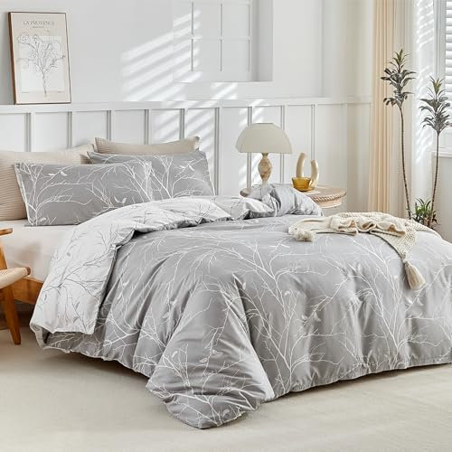 Tokokimo Housse de Couette 140x200 avec 1 Taies d'oreiller 65x65 cm - Motif de Branche Réversible - Parure de lit 140x200 cm - 100% Microfibre Parure Couette avec Fermetures éclair, Gris Blanc