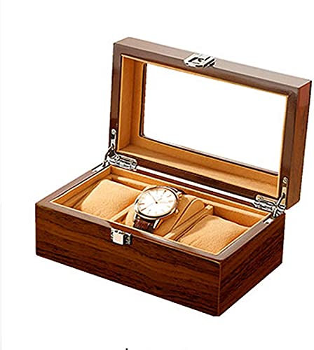 AJYBYUKJ Uhrenbox mit 3 Fächern, Uhrenhalter mit Glasdeckel, Uhrenvitrine mit abnehmbarem Uhrenkissen, Samtfutter, Metallverschluss, Uhrenbeweger Beauty Comes