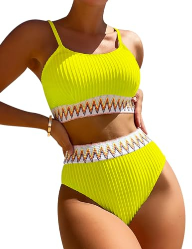 Bikini Taille Haute Femme Maillot de Bain Femme 2 Pieces Taille Haute Push Up Ensemble Bikini Bandeau Mayo de Bain Femme Swimsuit Trikini Maillot de Bain Natation Piscine Deux Pièces Femme Jaune L