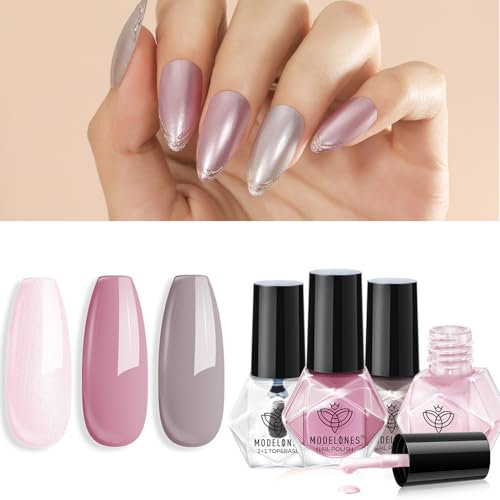 Modelones Nail Polish Set 3 Colors Nude Grey Nail Polish Kit with Base and Top Coat & Remover Pad Bubble Natural Skin Tone Glitter Finger Nail Polish Manicure Diy Nail Art Salon Home