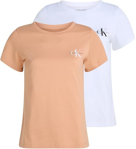 Calvin Klein Women’s 2 Pack Monologo Short Sleeve Slim Fit T-Shirts, Multicolor (Dusty Coral/Brilliant White), XL