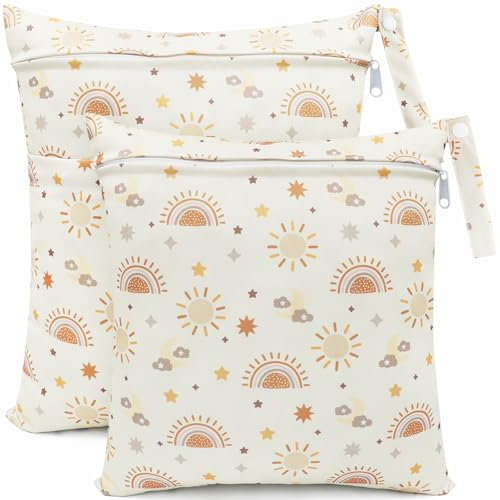 FenFang Wetbag Kindergarten, 2 Stück Nasstaschen Windeltasche Stoffwindeln Nassbeutel Organiser Beutel Wickeltasche Taschen Wasserdicht Wiederverwendbar (Gelbe Sonne)
