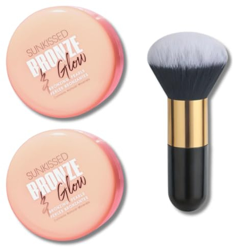 Sunkissed Bronze & Glow Makeup - Includes 2 x 45g Tubs of Sunkissed Bronze & Glow Bronzing Pearls and 1 Soft Bronzing Brush - Bronzer - Vegan-Friendly Makeup Bundle by Kevagh