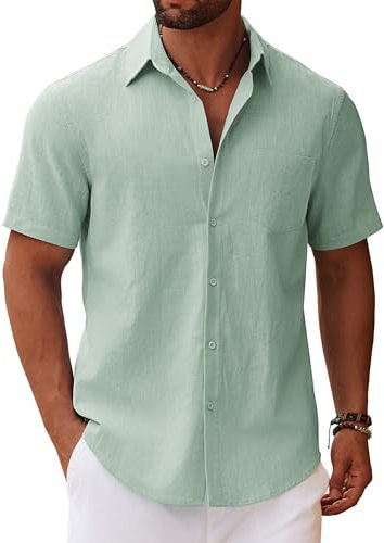 COOFANDY Mens Short Sleeve Shirts Summer Linen Shirts Casual Cotton Shirt Button Down Shirt with Pocket Holiday Beach Regular Fit Light Green L