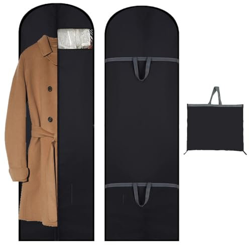 Dress Bags Covers, Coat Bags Suit Zippered Suit Bag Protector, Dust Water Proof Translucent Foldable Washable Long Clothes Storage Bag with Handle for Coat Gowns Dresses Shirts Jackets(Black)