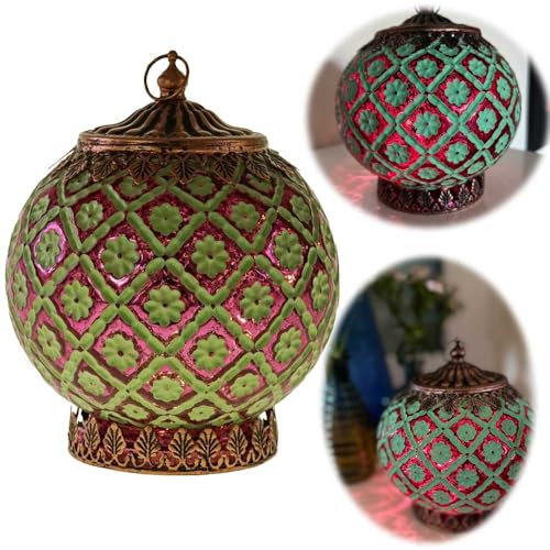 LS-LebenStil LED Glas Tischlaterne Kairo 15cm Mint Grün orientalische Lampe mit Lichterkette Windlicht, Lichtkugel marokkanische Art, Ramadan, Hochzeit