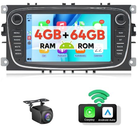4+64GB/Wireless Apple Carplay/Android Auto Epronic Android Autoradio Bluetooth mit Navi für Ford Focus Mondeo/C-Max/S-Max/Galaxy Touch Display Auto Radio mit Bildschirm WiFi Mirror Link Rückfahrkamera