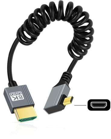 CY Cable Micro HDMI 2.1 Stecker auf HDMI Stecker 8K 60 Hz Stretch-Spiralkabel rechts abgewinkelt 90 Grad für HDTV Kamera Laptop Monitor