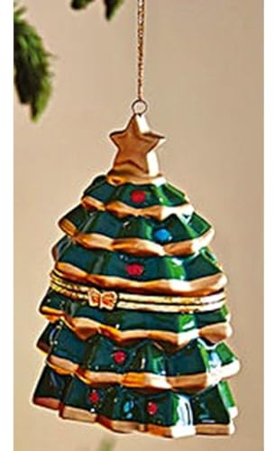 Christmas Tree Design Trinket Box Hanging Ornament – Fine Ceramic Colourful Hand Painted Festive Xmas Tree-Shaped Bauble Decoration with Hinged Lid - Measures H10.5 x W8cm