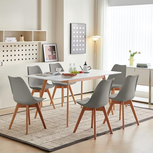 H.J WeDoo Esstisch Ausziehbar mit 6 Stühlen Esszimmergruppe, Rechteckig Küchentisch und 6er Set Esszimmerstühle Essgrupp für Wohnzimmer Küche Büro(120-160cm Weiß Tisch+6 Grau Stühle)