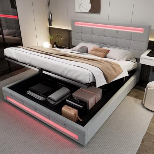 BTM 135x190cm Uphostered Double Bed, 4FT6 Double Bed with Storage, Headboard and 7 Colors and 12 Dynamic Modes LED-Light Strips, Grey Velvet Bed