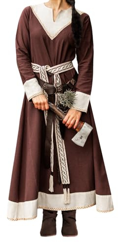 Leonardo Carbone® Damen Kleid Jorunn | V-Ausschnitt Mit Stickerei | Karneval, Halloween, Cosplay, LARP, Wikinger, Mittelalter | 100% Baumwolle
