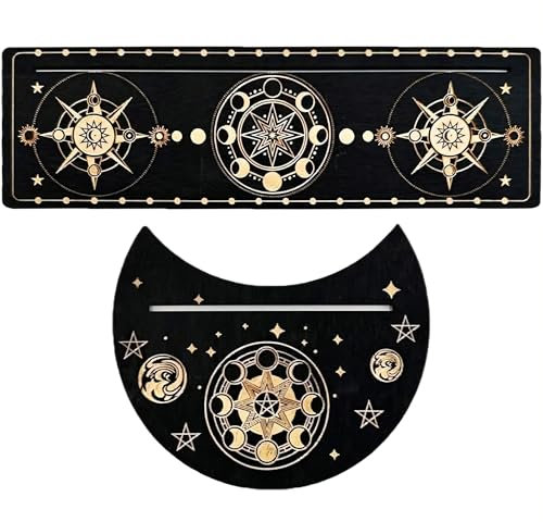 NHQ 2 Pezzi Porta Tarocchi in Legno,Supporto per Carta Dei Tarocchi,Porta Carte in Legno,Nero,Forma di Luna e Rettangolari Tarocchi in Legno Porta Altare Espositore,Strega Divinazione Strumenti