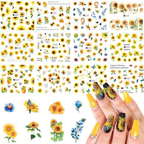 12 Blätter Sonnenblumen Nagelsticker Selbstklebend, Nagelaufkleber Sommer, 3d Nagel Sticker Blumen Sticker Nägel, Für Frauen DIY Nagel Dekoration