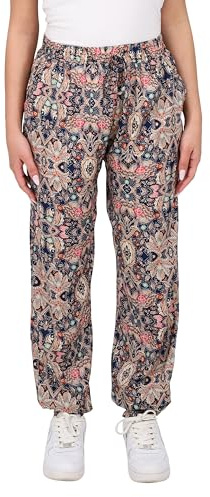 Easy Young Fashion Damen Sommerhose - Florale Freizeithose mit elastischem Bund - Lange Boho Hose - Strandhose Stoffhose aus Baumwolle 777