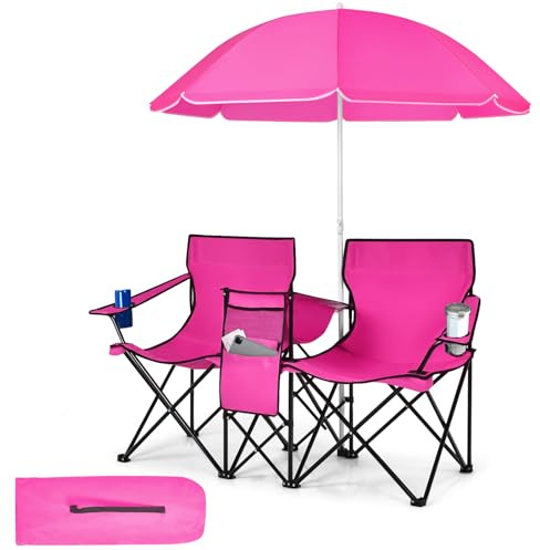 KOMFOTTEU Chaise de Camping Pliable pour 2 Personnes, avec Parasol réglable en Hauteur, Chaise de Plage avec Sac de Rangement, Chaises de Camping, Charge de 300 kg pour Pique-Nique (Rose)