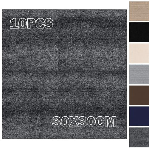 Selbstklebende Teppichfliesen 30x30cm Selbstliegend - 10 Stück Set - 0.9m² - Teppichboden, Teppich Fliesen mit Rückendeckung, Teppich Bodenbelag zum Zuschneiden für Büro, Wohnung, Gewerbe, Dunkelgrau