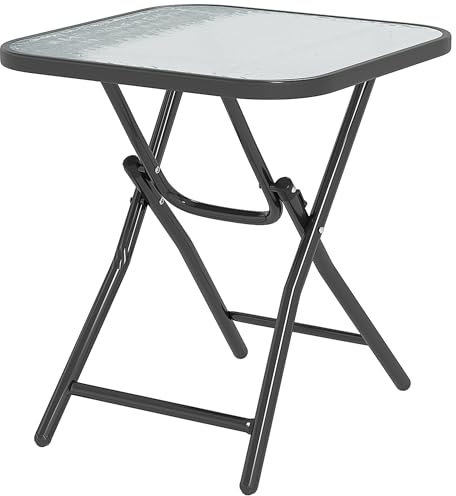 Outsunny Mesa de Centro de jardín Bistro Cuadrada 45 x 45 x 50 cm Plegable de Metal Negro Tapa de Cristal Templado