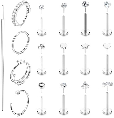 Krfy 16Stück Tragus Piercing Schmuck für Damen 316L Chirurgischer Stahl Nasenpiercing Stecker ohne Gewinde Push-in Ohrringe Hypoallergener Nasenring Labret Lippen Piercing Ohr Set 18G 20G