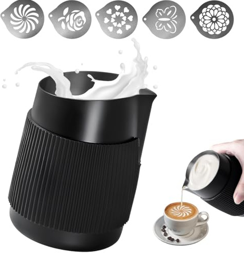 Fuhesgu Taza Jarra Leche 420 ml de Acero Inoxidable 304 con Pico de Pato Inclinado Jarra para Latte Art Jarra Cafe Lechera con Mango Antideslizante con 5 Plantillas para Capuchino Espresso Latte Cafe