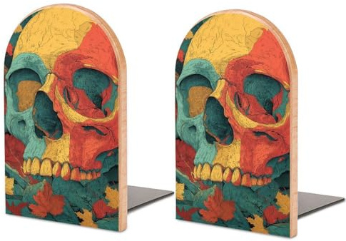 Halloween Gruselige Totenkopf-Buchstützen aus Holz, 2 Stück, stabile Buchhalter, Schreibtisch-Organizer für Zuhause, Büro, Bibliotheken
