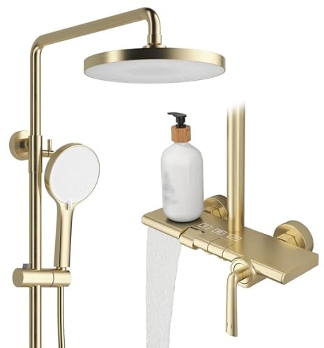 RONMX Regendusche mit Armatur, RSS0700 Modern Klaviertasten Duschset, 10/252mm Runden Duschsystem, Handbrause mit 4 Strahlarten und Brausepistole, 59A Kupfer-Mischventil, Höhenverstellbar