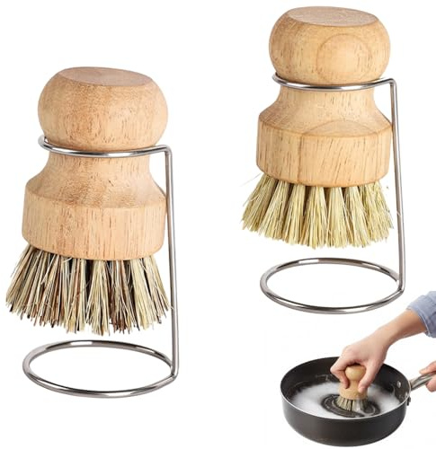 2 Pcs Bamboo Dish Brushes, Bamboo Palm Brush with 2 Drain Racks, Wooden Dishwashing Brush, Washing Up Brushes for Pots, Pans, Fish, and Sink Cleaning