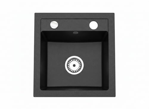 Faizee Home | Compact Granitspüle Schwarz Gesprenkelt | 41 x 44 cm – Einbauspüle Küche aus Granit mit Ablauf Ø90 mm & Armaturloch Ø35 mm