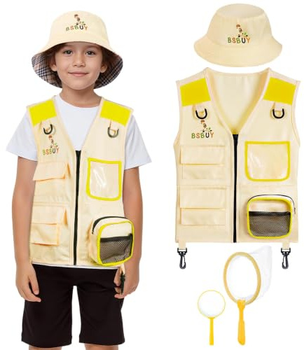 BSBUY Utforskare Kit, Barn Explorer-kostym med förstoringsglas, fiskarhatt och nät för att fånga insekter, flickor Explorer-väst, utforskare set, present till barn 3–8