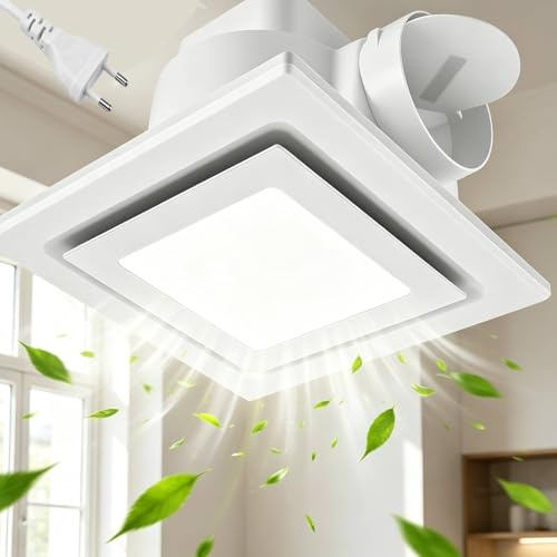Abluftventilator für Badezimmer 200mm Badlüfter mit LED Licht, 3 Lichtfarben Einstellbar Abluftventilator, Montageöffnung 200mm, 110 CFM Exhaust Fan, 6000K Ultra-Leiser Badezimmerventilator