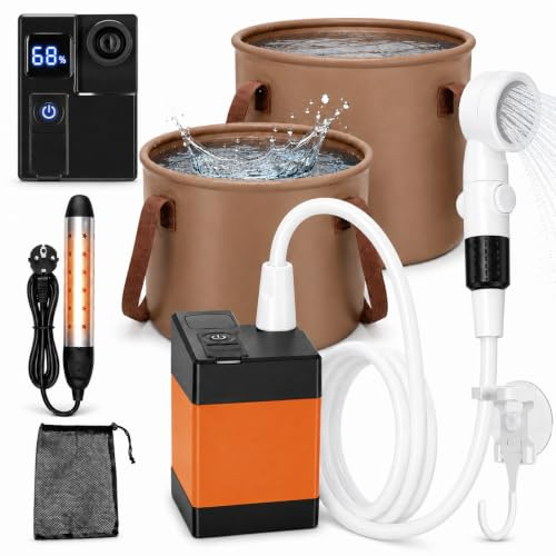 Doccia da campeggio portatile con riscaldamento, secchio da 20L & bollitore sommergibile, doccia da campeggio ricaricabile con pompa da 5200mAh, soffione a 3 modalità con arresto dell'acqua, IPX7