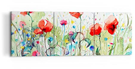 Mehrteilige Bilder auf Leinwand 120x40cm Leinwandbild Blumen Wiese Blatt Natur Groß Wanddeko Bild Schlafzimmer Set 3 teilige Wandbilder Dekoration Wohnzimmer Canvas Wand Kunstdruck Art CA120x40-3076
