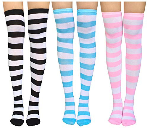 Chalier 3/4 paia di calze sopra al ginocchio, calze lunghe da donna, calze lunghe a righe, per ragazze, 3 paia (strisce larghe), Taglia unica