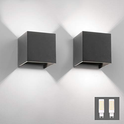 Klighten 2PCS Wandleuchte mit Austauschbarer G9 LED Birne 6000K, Dunkelgrau | Wasserdicht IP54, Wandlampe Innen/Aussen, Up Down Design, Aluminium Aussenlampe für Garten, Wohnzimmer
